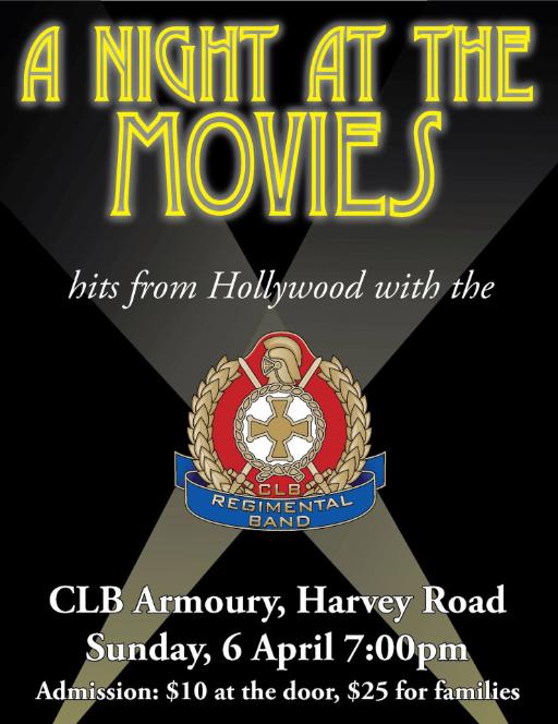 An event poster for the C.L.B. Regimental Band playing hit songs from Hollywood Movies